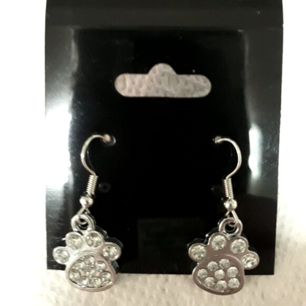 Crystal Paw Print Dangle Earrings Cat Dog Rhinestones Silver Pierced NEW